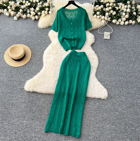 Hollowed Crochet Cardigan & Skirt 2Pcs