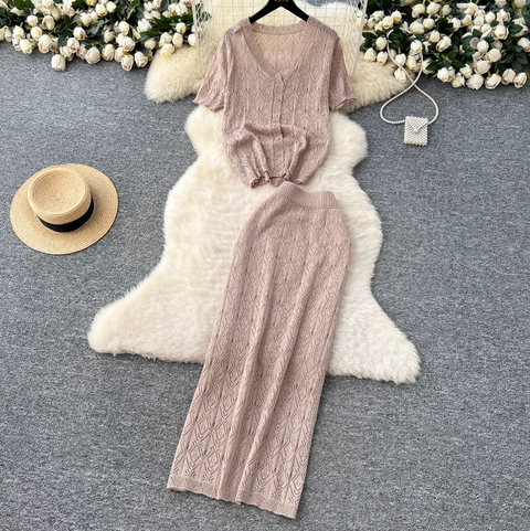 Hollowed Crochet Cardigan & Skirt 2Pcs