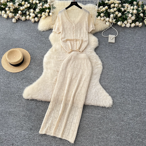 Hollowed Crochet Cardigan & Skirt 2Pcs