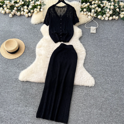Hollowed Crochet Cardigan & Skirt 2Pcs
