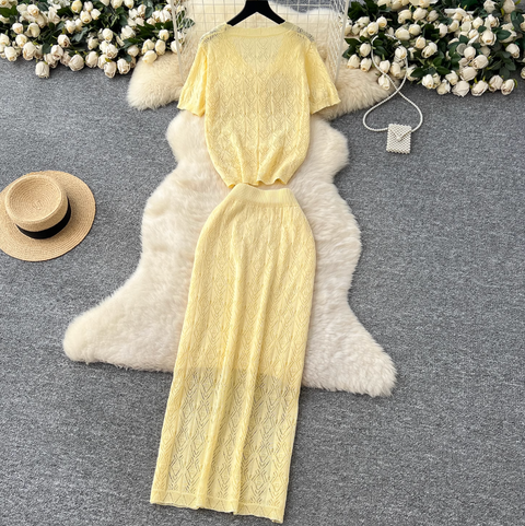 Hollowed Crochet Cardigan & Skirt 2Pcs