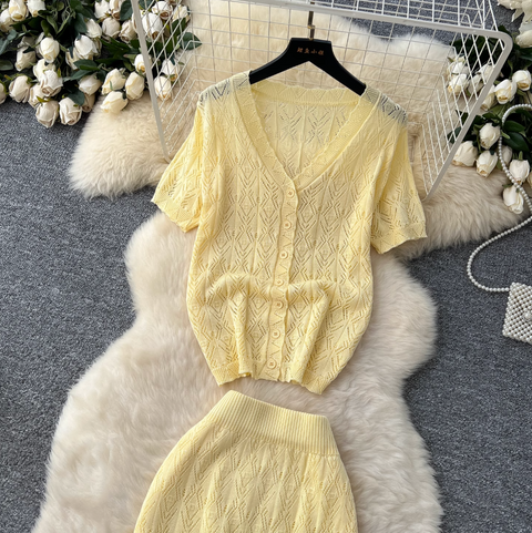 Hollowed Crochet Cardigan & Skirt 2Pcs
