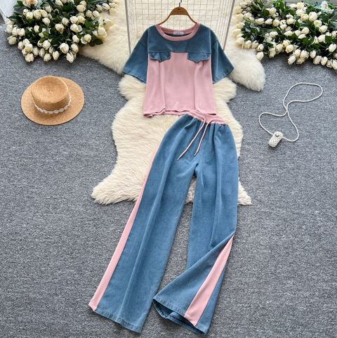 Denim Patchwork Shirt & Trousers 2Pcs