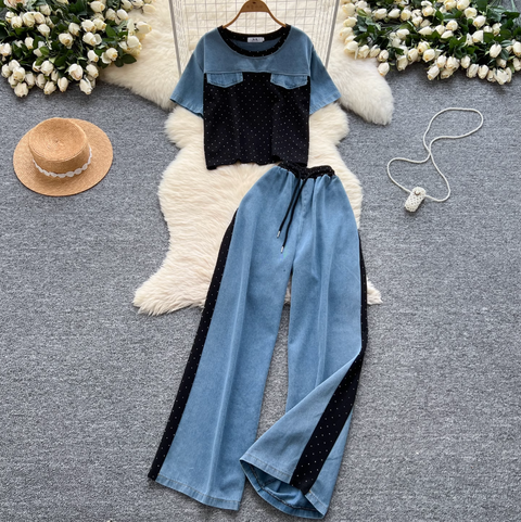 Denim Patchwork Shirt & Trousers 2Pcs