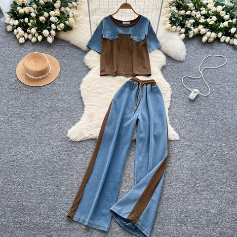 Denim Patchwork Shirt & Trousers 2Pcs