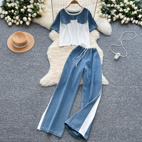 Denim Patchwork Shirt & Trousers 2Pcs