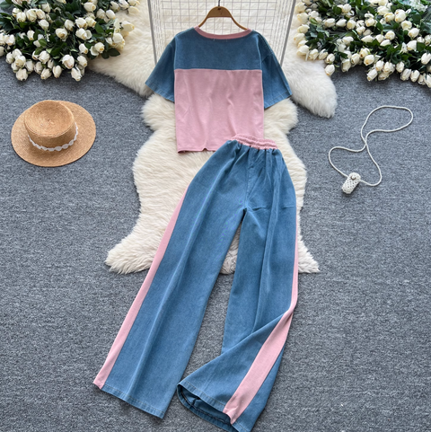 Denim Patchwork Shirt & Trousers 2Pcs