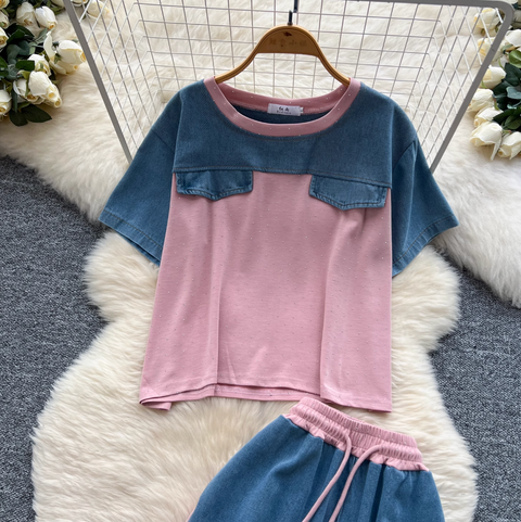 Denim Patchwork Shirt & Trousers 2Pcs