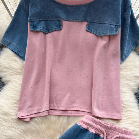 Denim Patchwork Shirt & Trousers 2Pcs