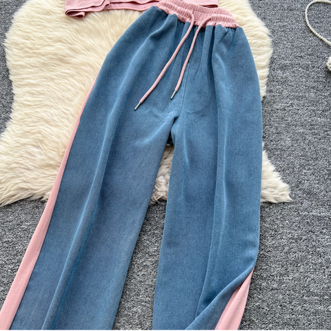 Denim Patchwork Shirt & Trousers 2Pcs