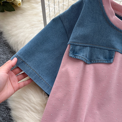 Denim Patchwork Shirt & Trousers 2Pcs