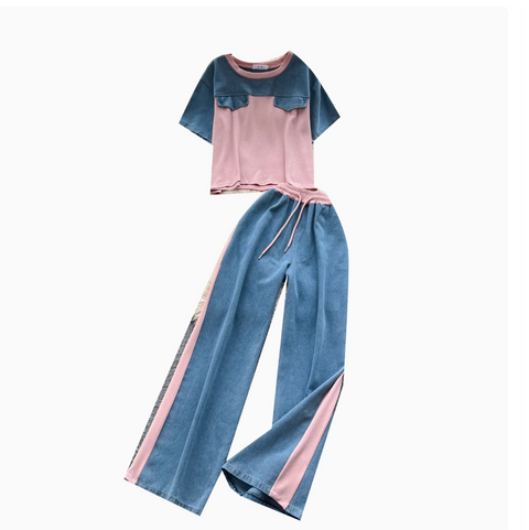 Denim Patchwork Shirt & Trousers 2Pcs
