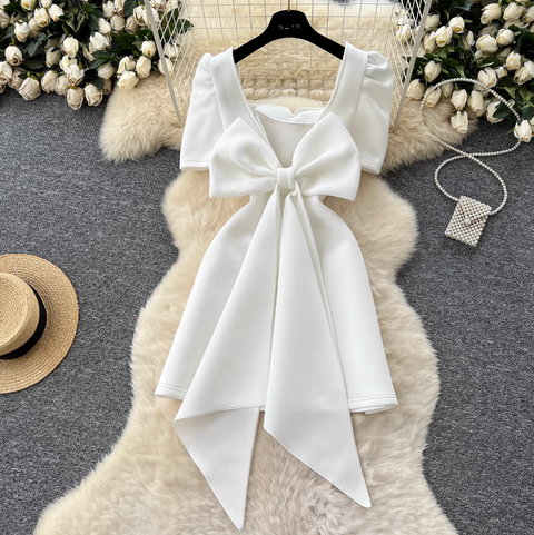 V-neck Back Bow White Dress