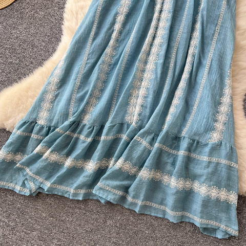 Blue Embroidered Lace-up Halter Dress