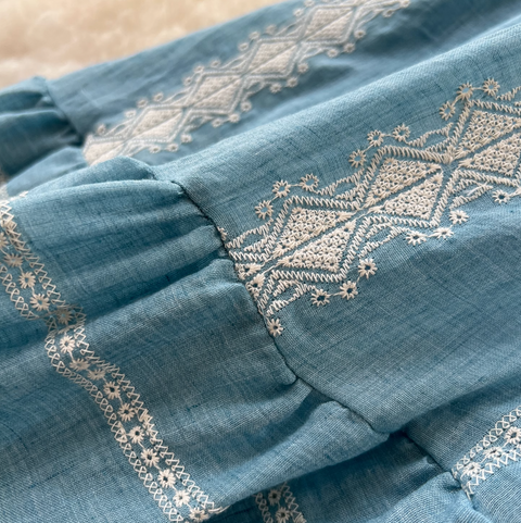 Blue Embroidered Lace-up Halter Dress