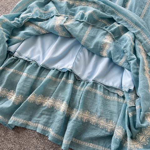 Blue Embroidered Lace-up Halter Dress