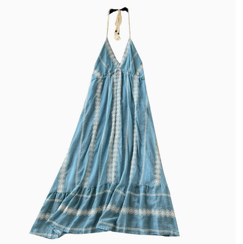 Blue Embroidered Lace-up Halter Dress