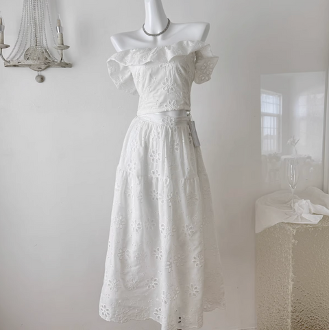 Hollowed Embroidered Top & Skirt White 2Pcs