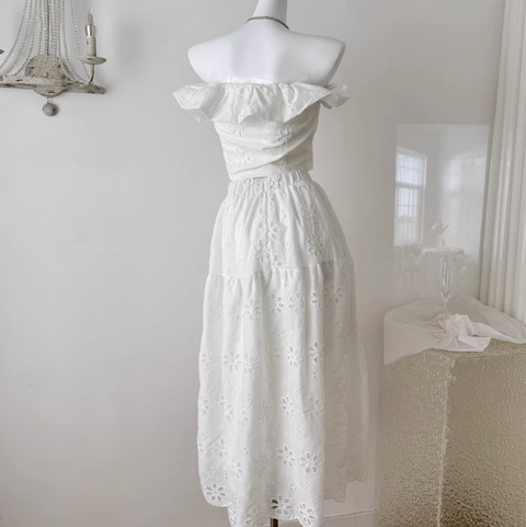 Hollowed Embroidered Top & Skirt White 2Pcs