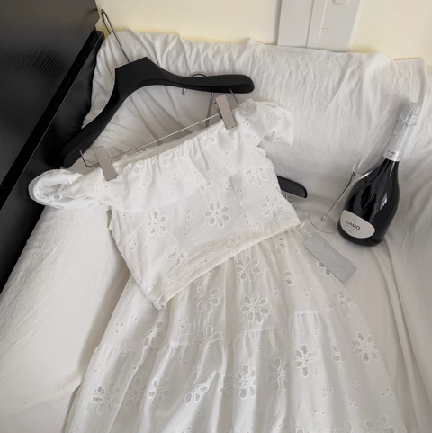 Hollowed Embroidered Top & Skirt White 2Pcs