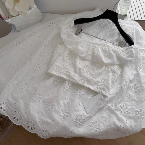 Hollowed Embroidered Top & Skirt White 2Pcs
