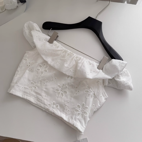 Hollowed Embroidered Top & Skirt White 2Pcs