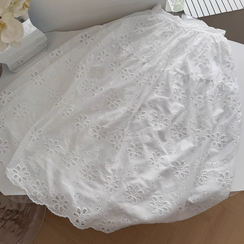 Hollowed Embroidered Top & Skirt White 2Pcs