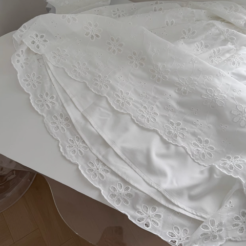 Hollowed Embroidered Top & Skirt White 2Pcs