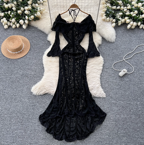 Ruffled Neckline Black Embroidered Halter Dress