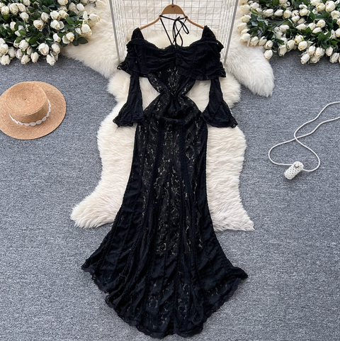 Ruffled Neckline Black Embroidered Halter Dress