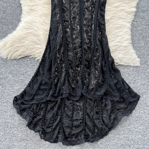 Ruffled Neckline Black Embroidered Halter Dress