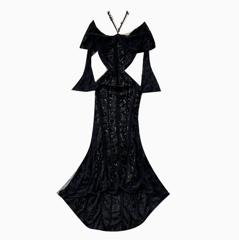 Ruffled Neckline Black Embroidered Halter Dress