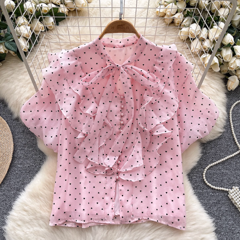 Heart Pattern Printed Ruffled Shirt