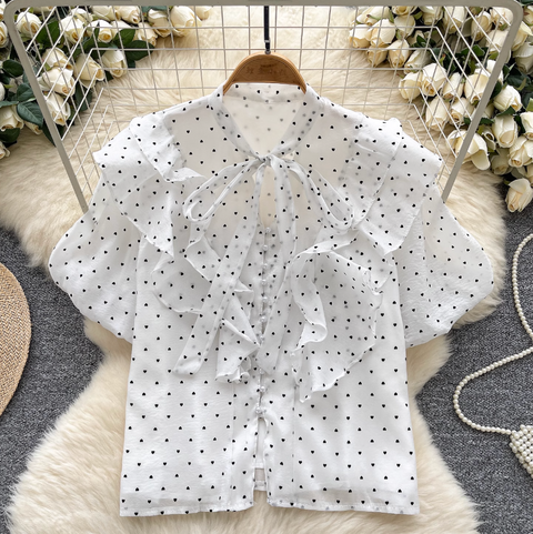 Heart Pattern Printed Ruffled Shirt