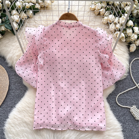 Heart Pattern Printed Ruffled Shirt