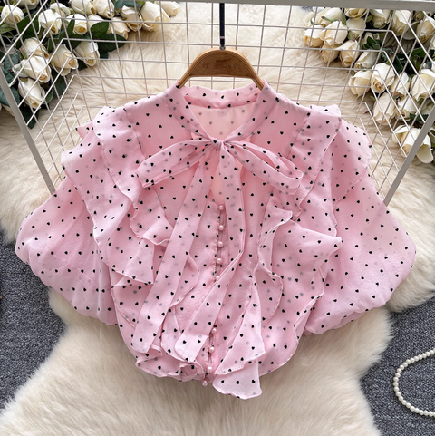 Heart Pattern Printed Ruffled Shirt