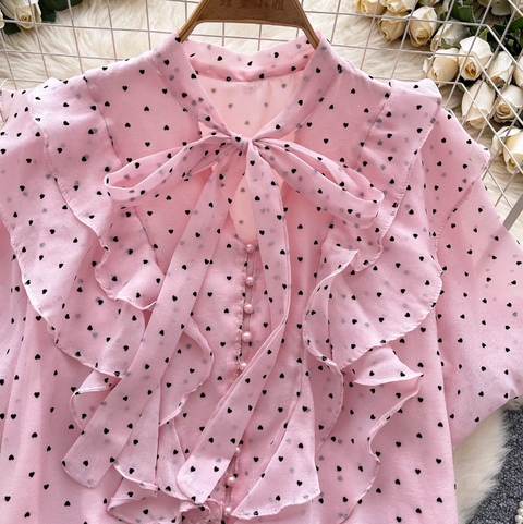 Heart Pattern Printed Ruffled Shirt