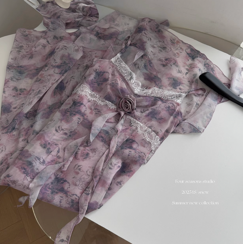 Purple Floral Ruffled Chiffon Slip Dress