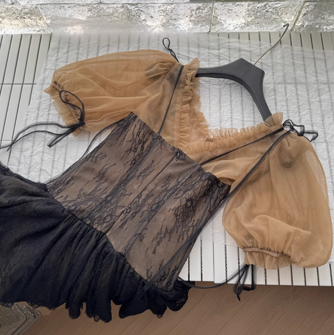 Black Lace Dress & Mesh Top 2Pcs