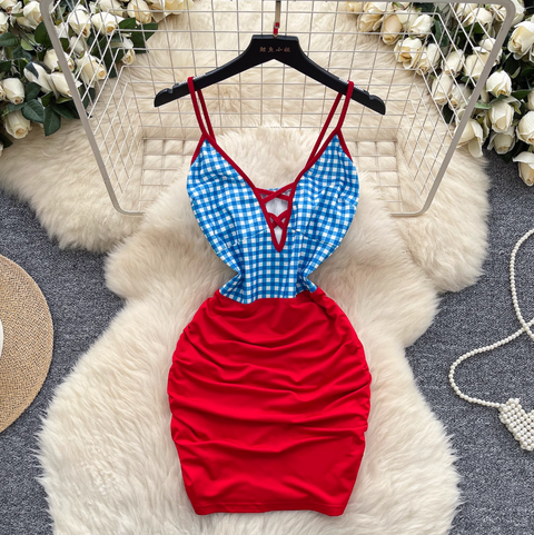 Deep V-neck Plaid Slip Dress