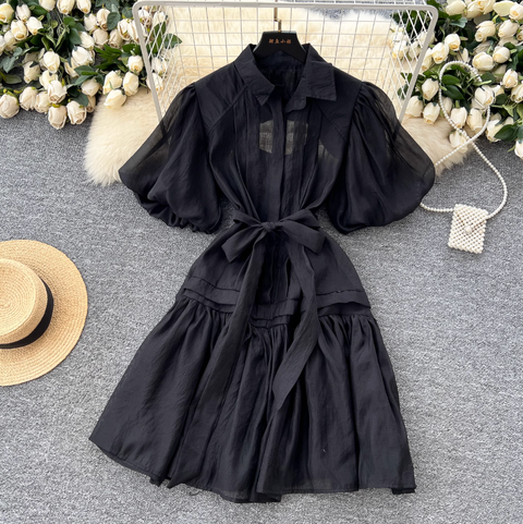 Courtly Puffy Sleeve Shirt Dress
