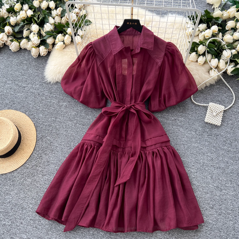 Courtly Puffy Sleeve Shirt Dress