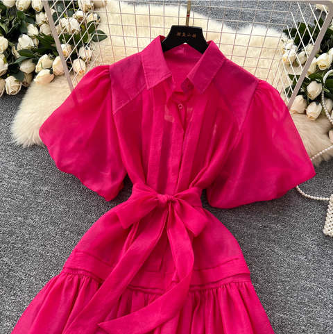 Courtly Puffy Sleeve Shirt Dress