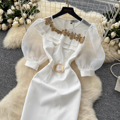 Puffy Sleeve Embroidery Mesh White Dress