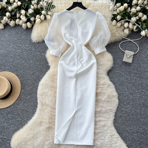 Puffy Sleeve Embroidery Mesh White Dress