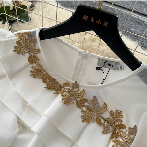 Puffy Sleeve Embroidery Mesh White Dress