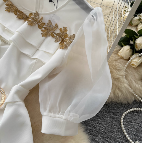 Puffy Sleeve Embroidery Mesh White Dress