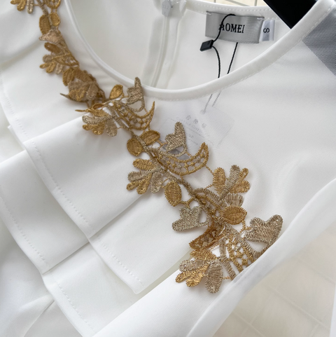 Puffy Sleeve Embroidery Mesh White Dress