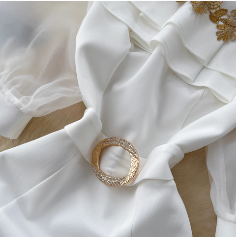 Puffy Sleeve Embroidery Mesh White Dress