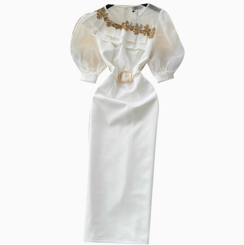 Puffy Sleeve Embroidery Mesh White Dress